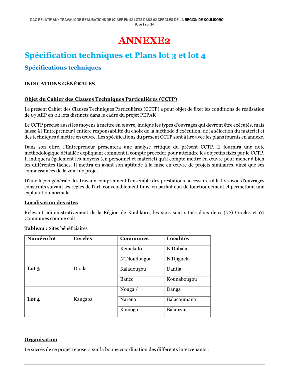 ANNEXE2 Spécification Techniques Et Plans Lot 3 Et Lot 4 Spécifications Techniques