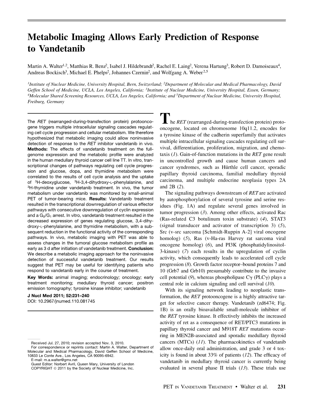 Metabolic Imaging Allows Early Prediction of Response to Vandetanib