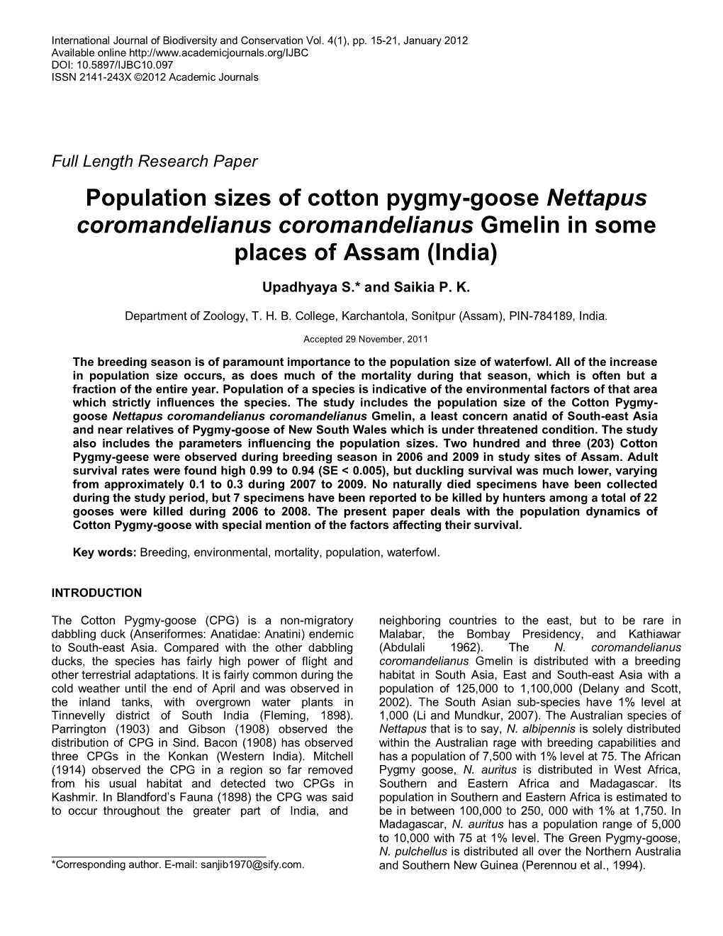 Population Sizes of Cotton Pygmy-Goose Nettapus Coromandelianus Coromandelianus Gmelin in Some Places of Assam (India)