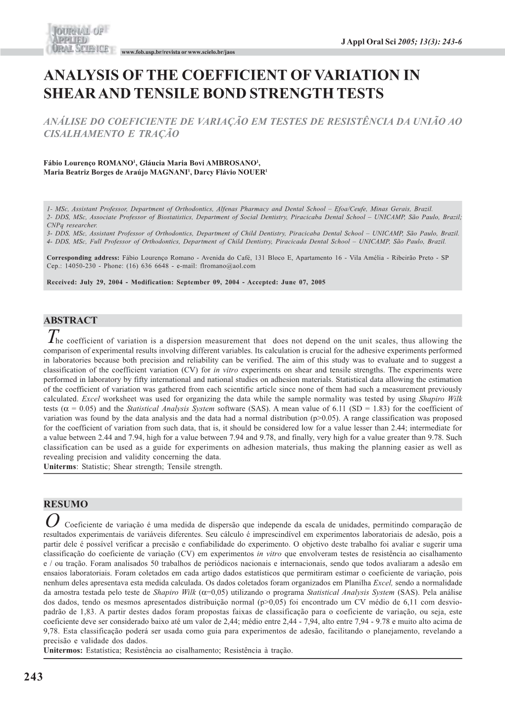 Analysis of the Coefficient of Variation in Shear and Tensile Bond Strength Tests