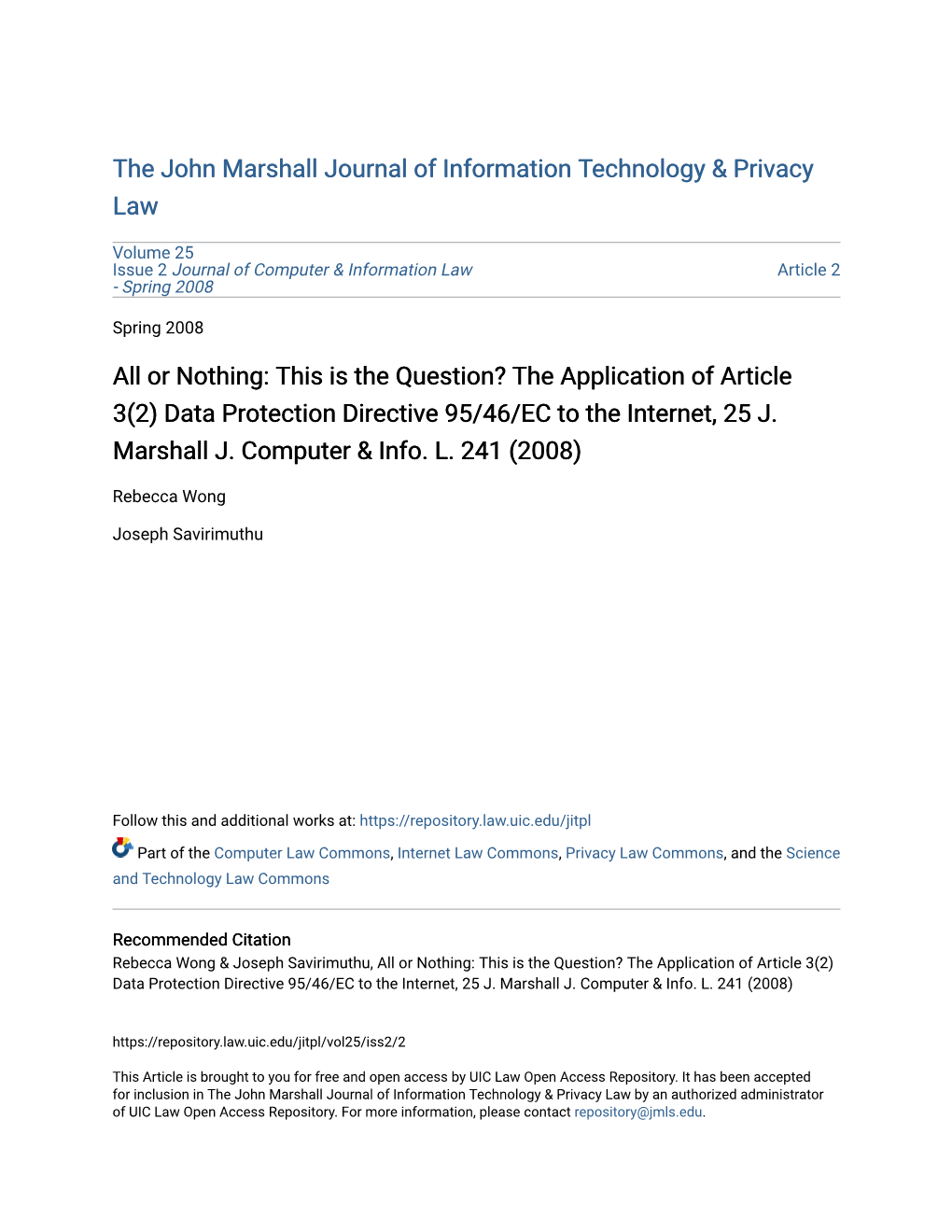 Data Protection Directive 95/46/EC to the Internet, 25 J. Marshall J