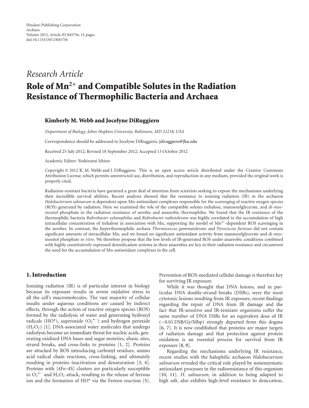 Research Article Role of Mn2+ and Compatible Solutes in the Radiation Resistance of Thermophilic Bacteria and Archaea