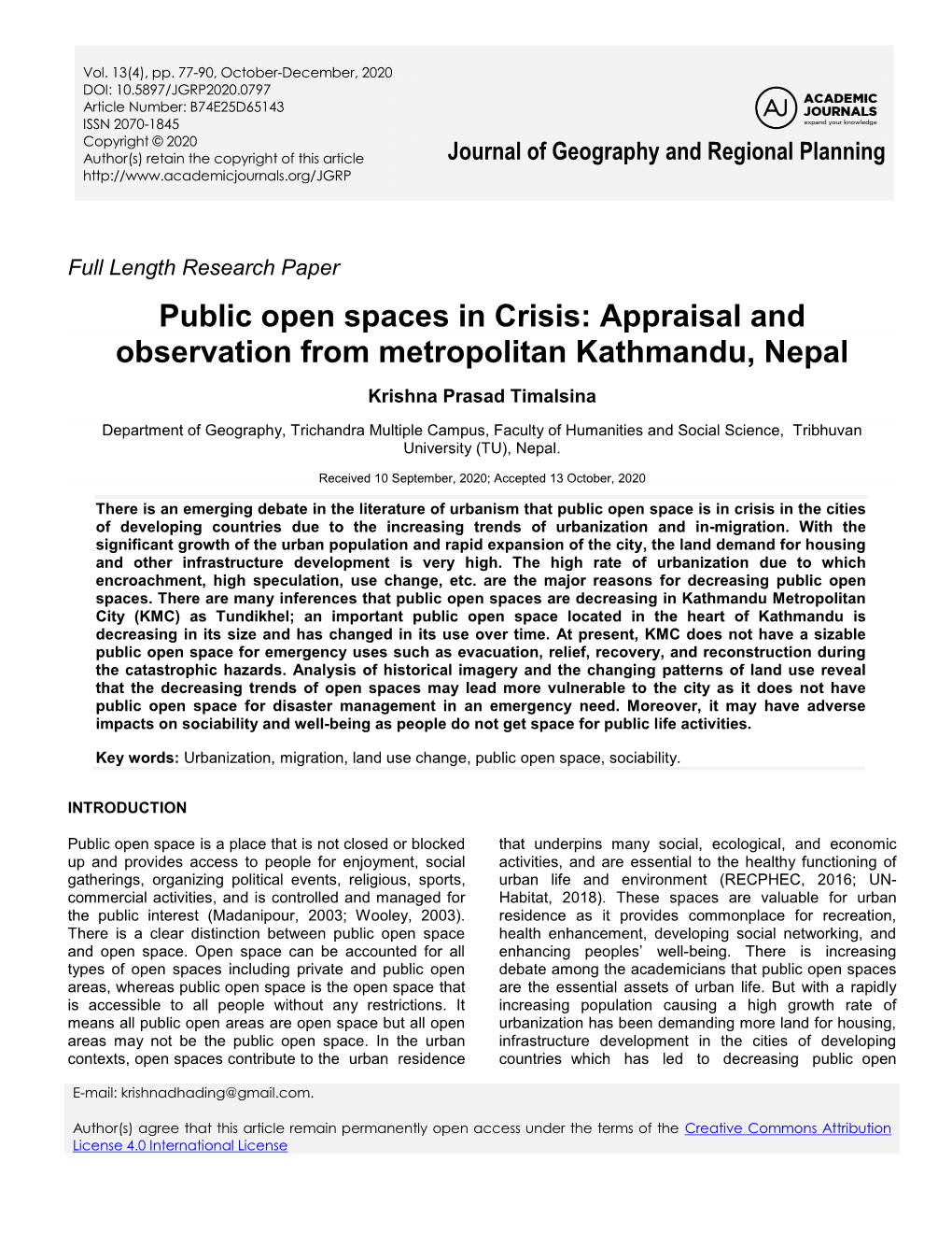 Public Open Spaces in Crisis: Appraisal and Observation from Metropolitan Kathmandu, Nepal