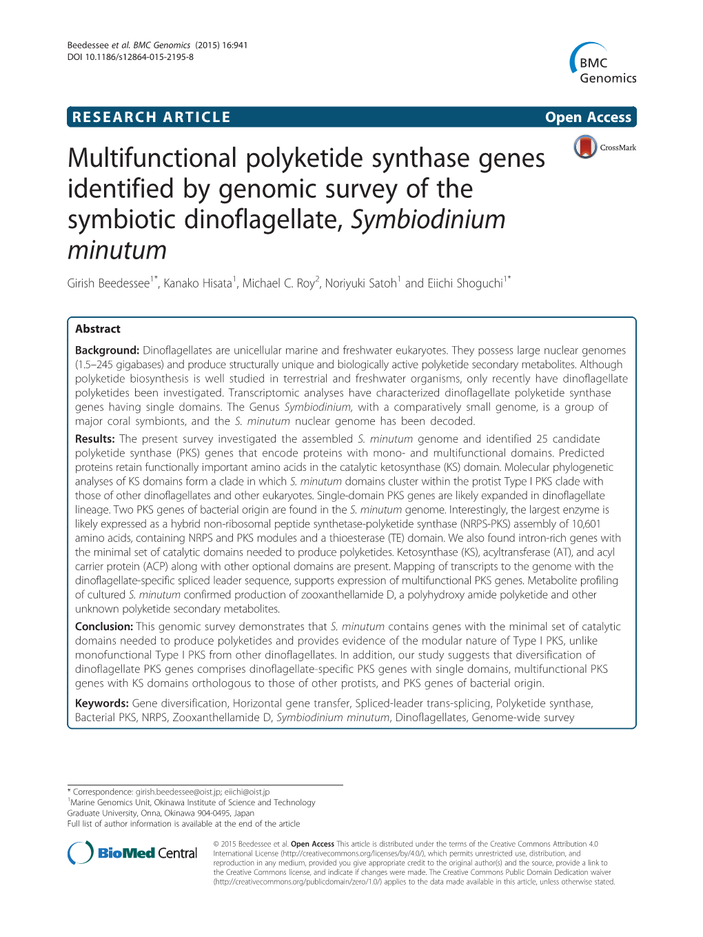 Multifunctional Polyketide Synthase Genes Identified by Genomic Survey of the Symbiotic Dinoflagellate, Symbiodinium Minutum