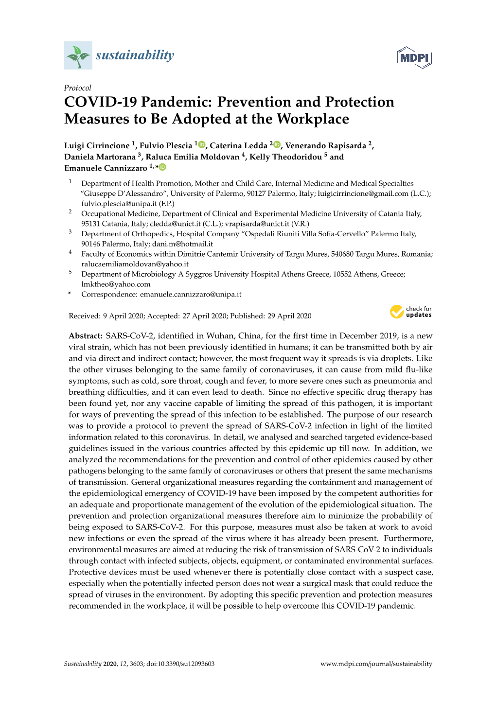 COVID-19 Pandemic: Prevention and Protection Measures to Be Adopted at the Workplace