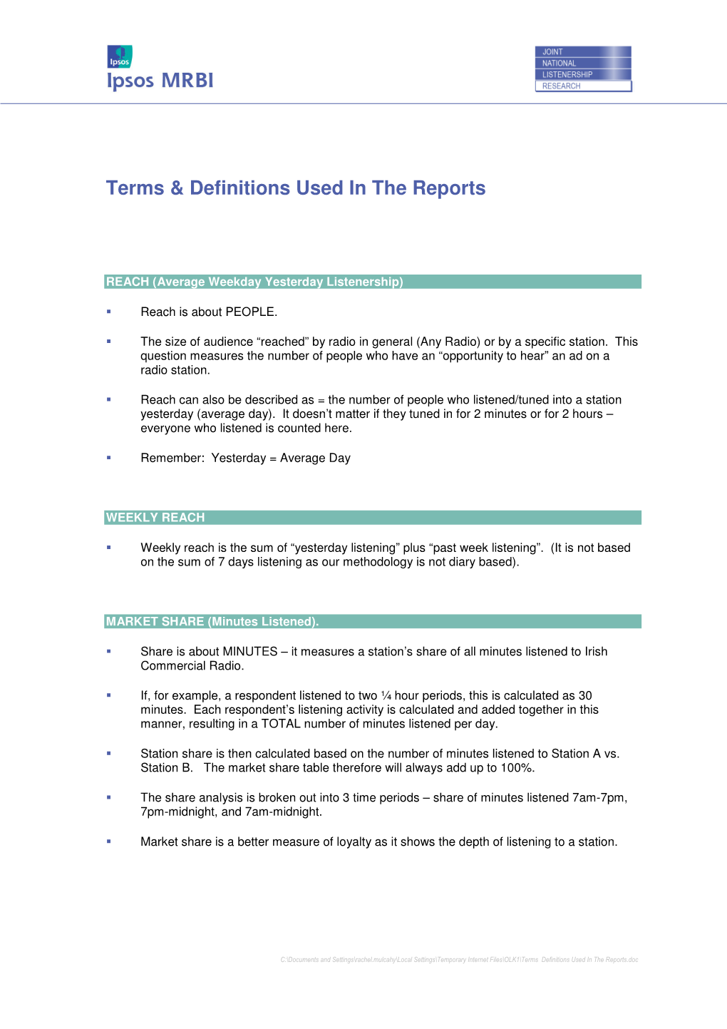 Terms & Definitions Used in the Reports