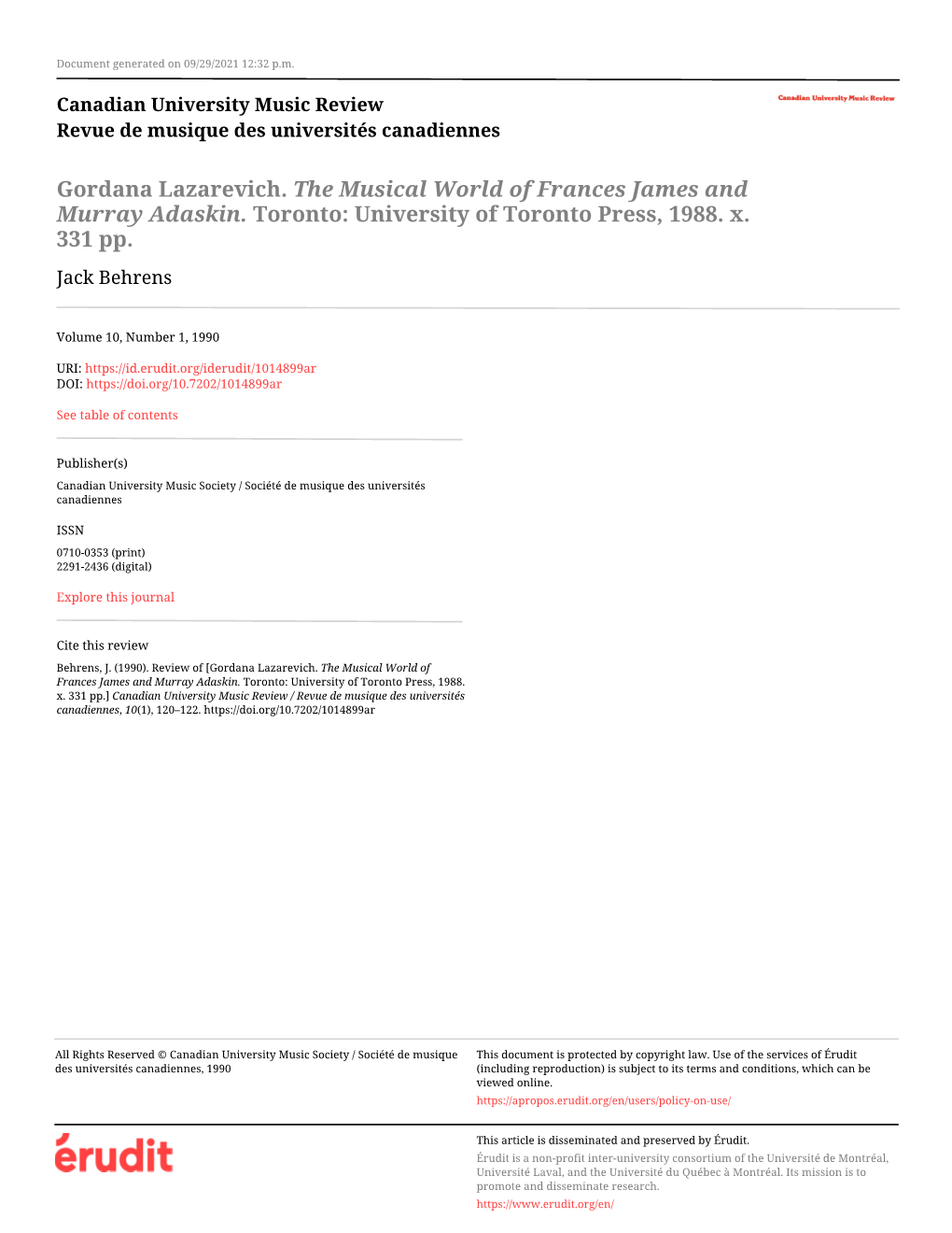 Gordana Lazarevich. the Musical World of Frances James and Murray Adaskin. Toronto: University of Toronto Press, 1988