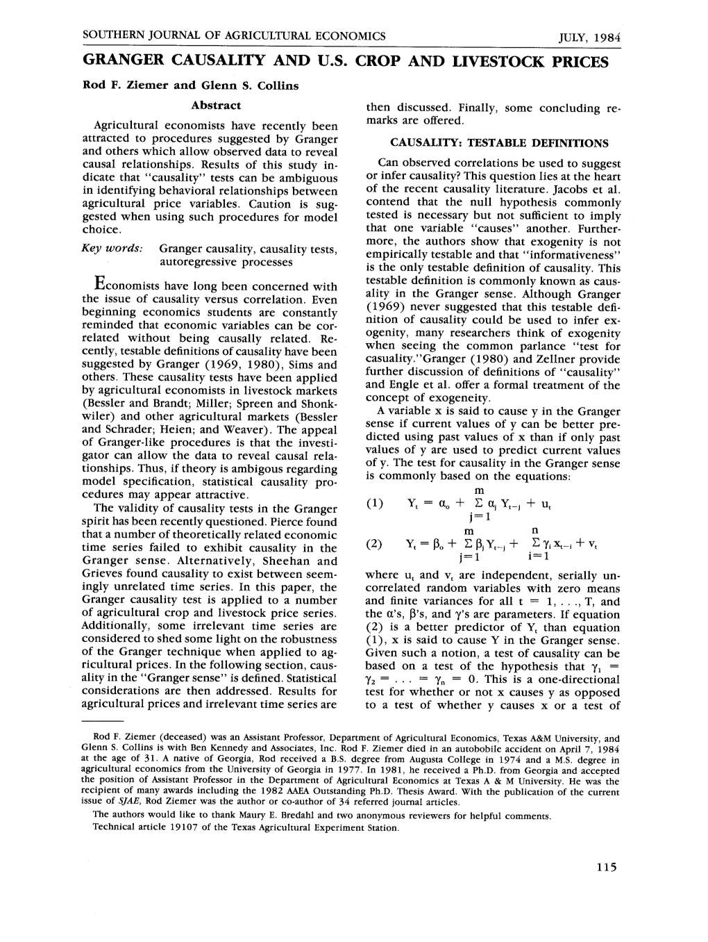 GRANGER CAUSALITY and U.S. CROP and LIVESTOCK PRICES Rod F