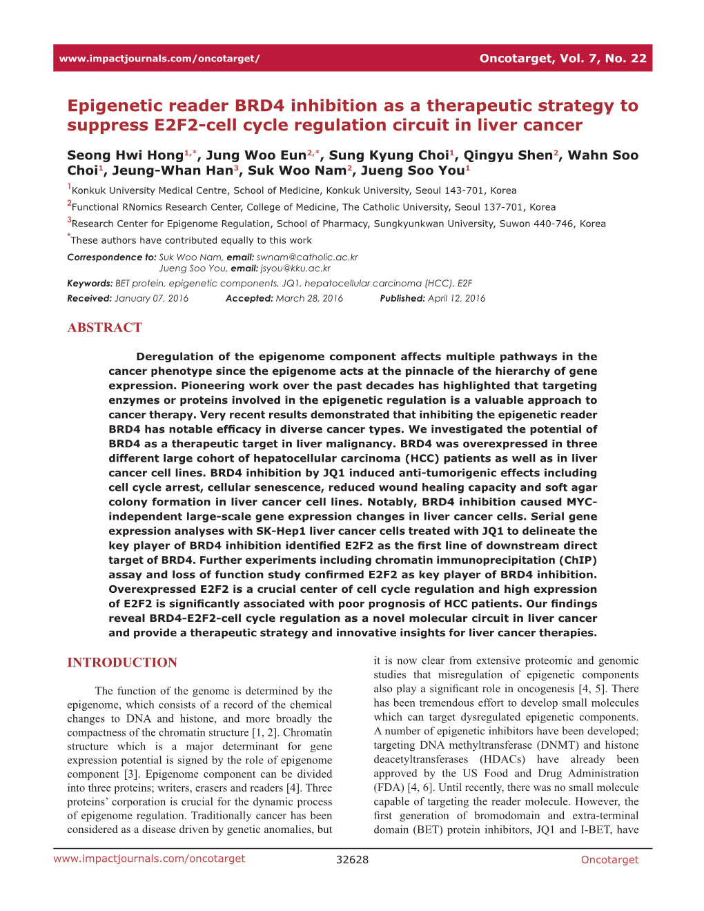 Epigenetic Reader BRD4 Inhibition As a Therapeutic Strategy to Suppress E2F2-Cell Cycle Regulation Circuit in Liver Cancer