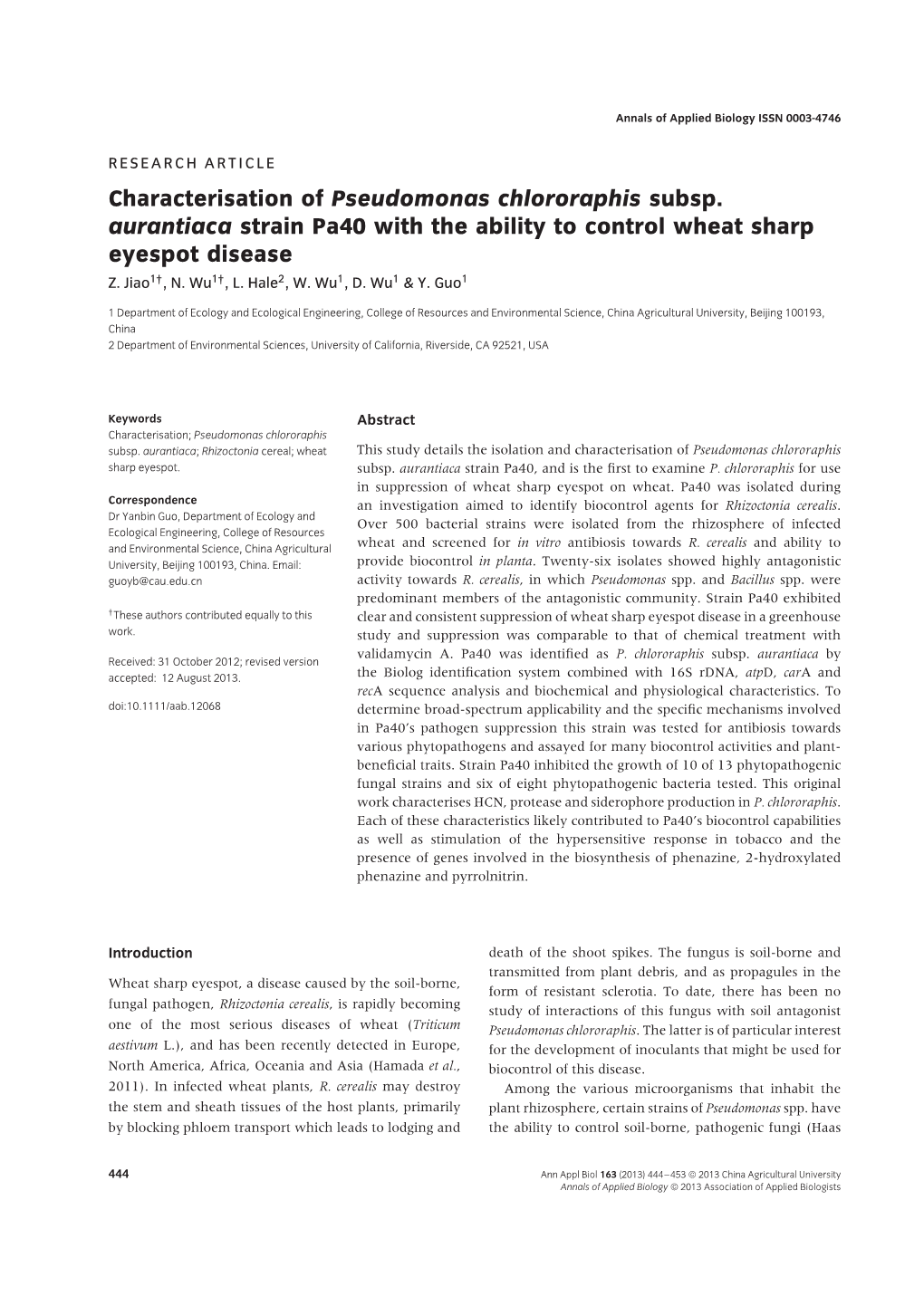 Characterisation of Pseudomonas Chlororaphis Subsp. Aurantiaca Strain Pa40 with the Ability to Control Wheat Sharp Eyespot Disease Z