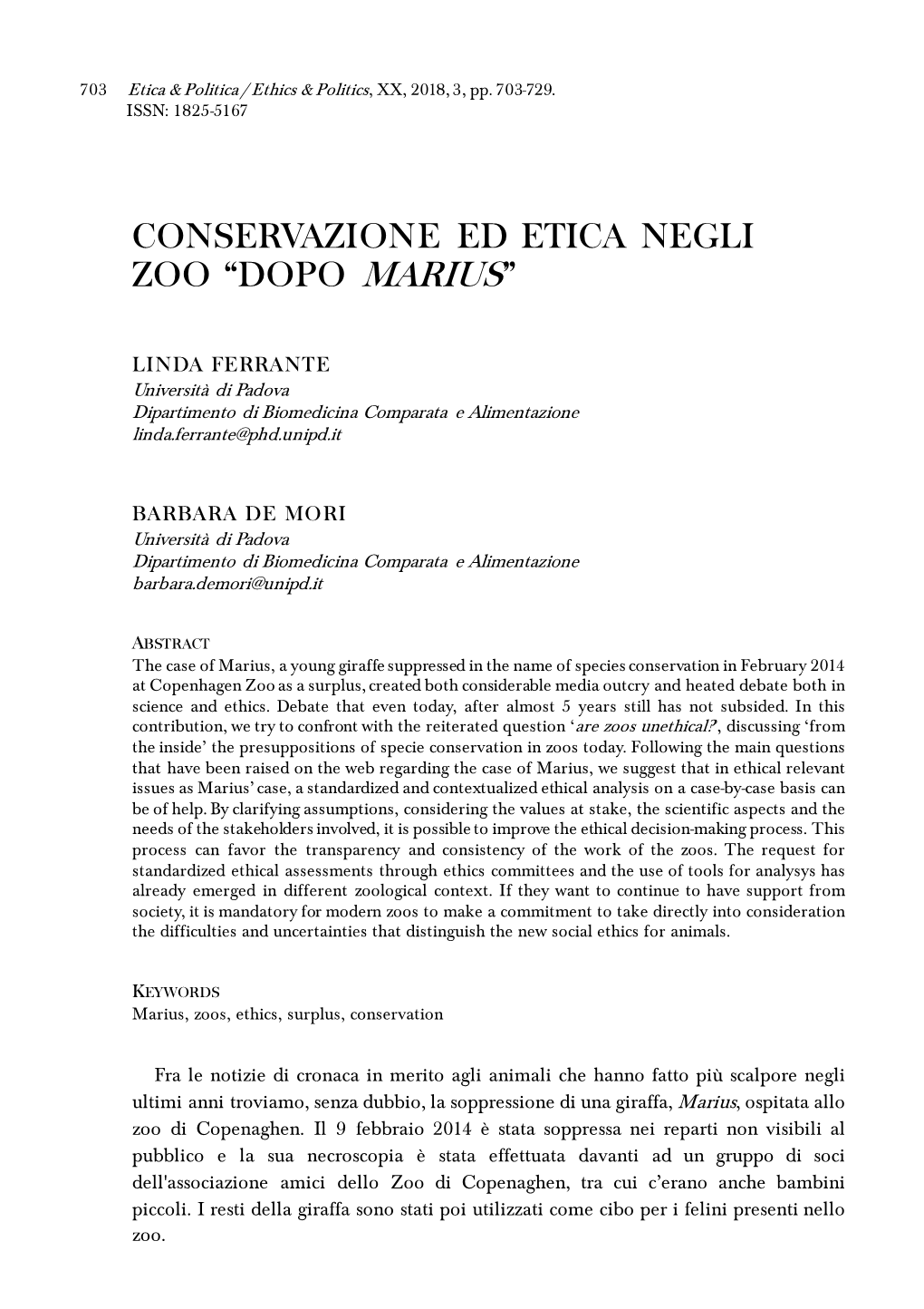 Conservazione Ed Etica Negli Zoo “Dopo Marius”