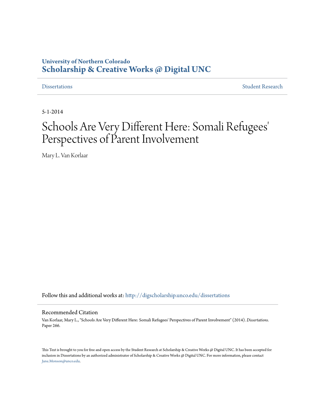 Somali Refugees' Perspectives of Parent Involvement Mary L