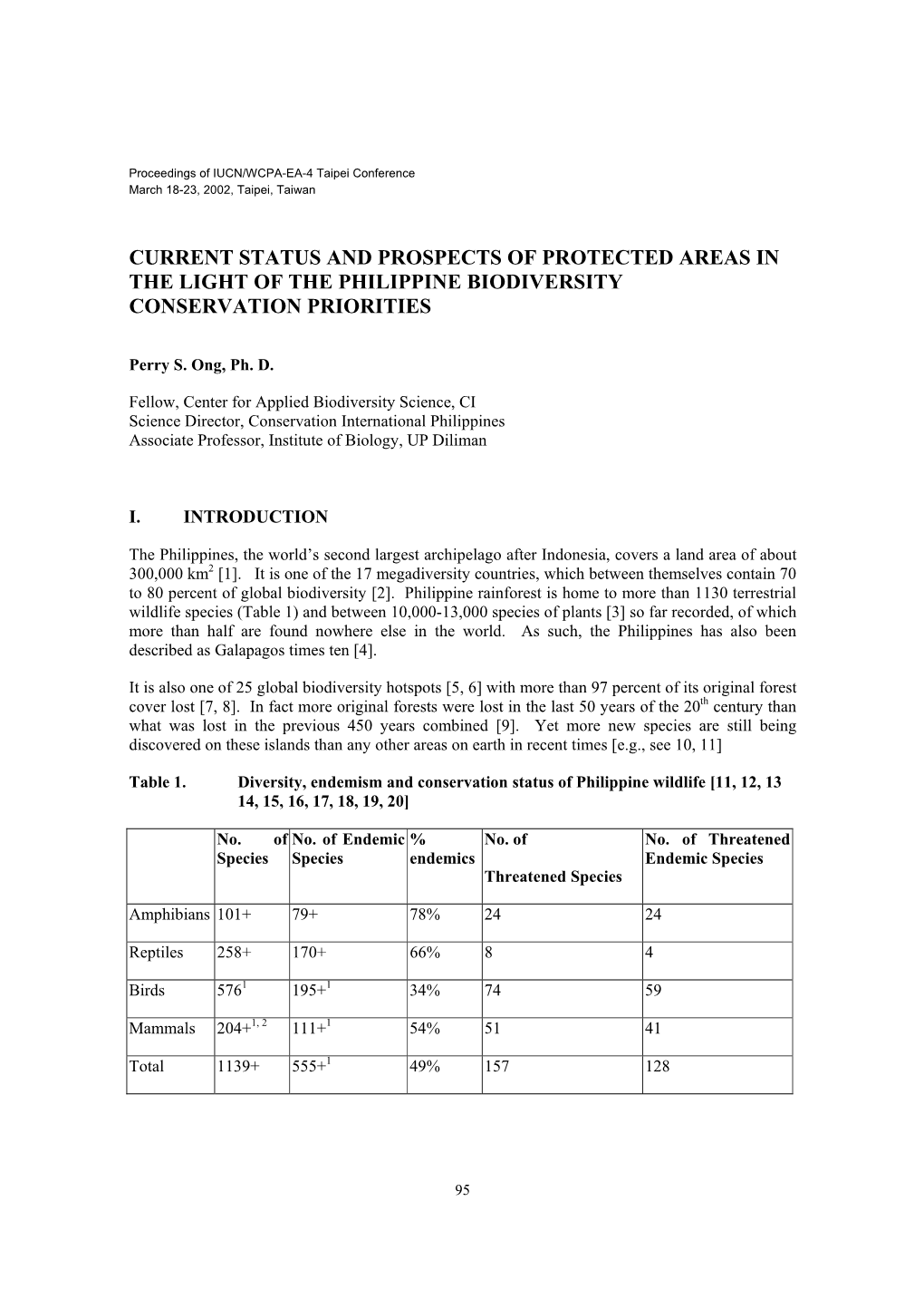 Current Status and Prospects of Protected Areas in the Light of the Philippine Biodiversity Conservation Priorities