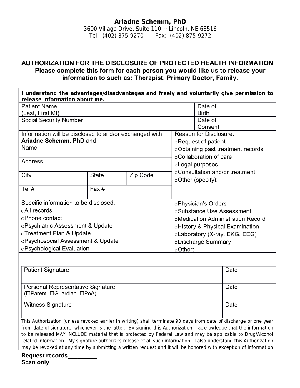 Authorization for the Disclosure of Protected Health Information s1