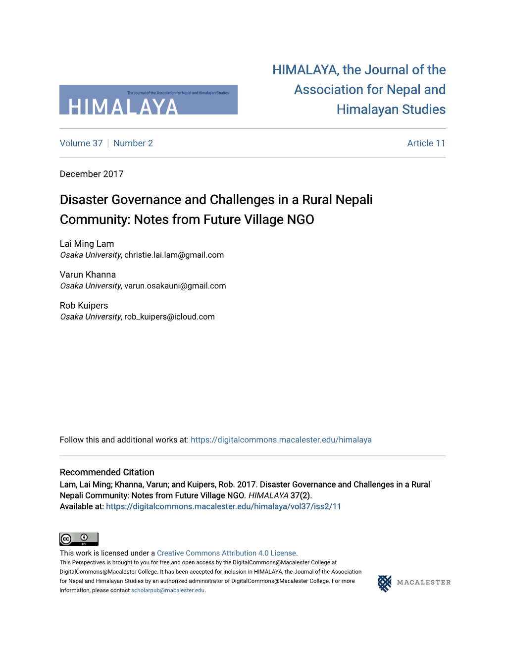 Disaster Governance and Challenges in a Rural Nepali Community: Notes from Future Village NGO