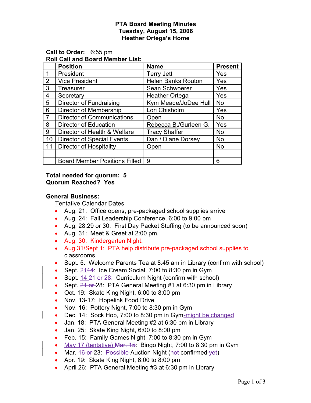 PTA Board Meeting Minutes