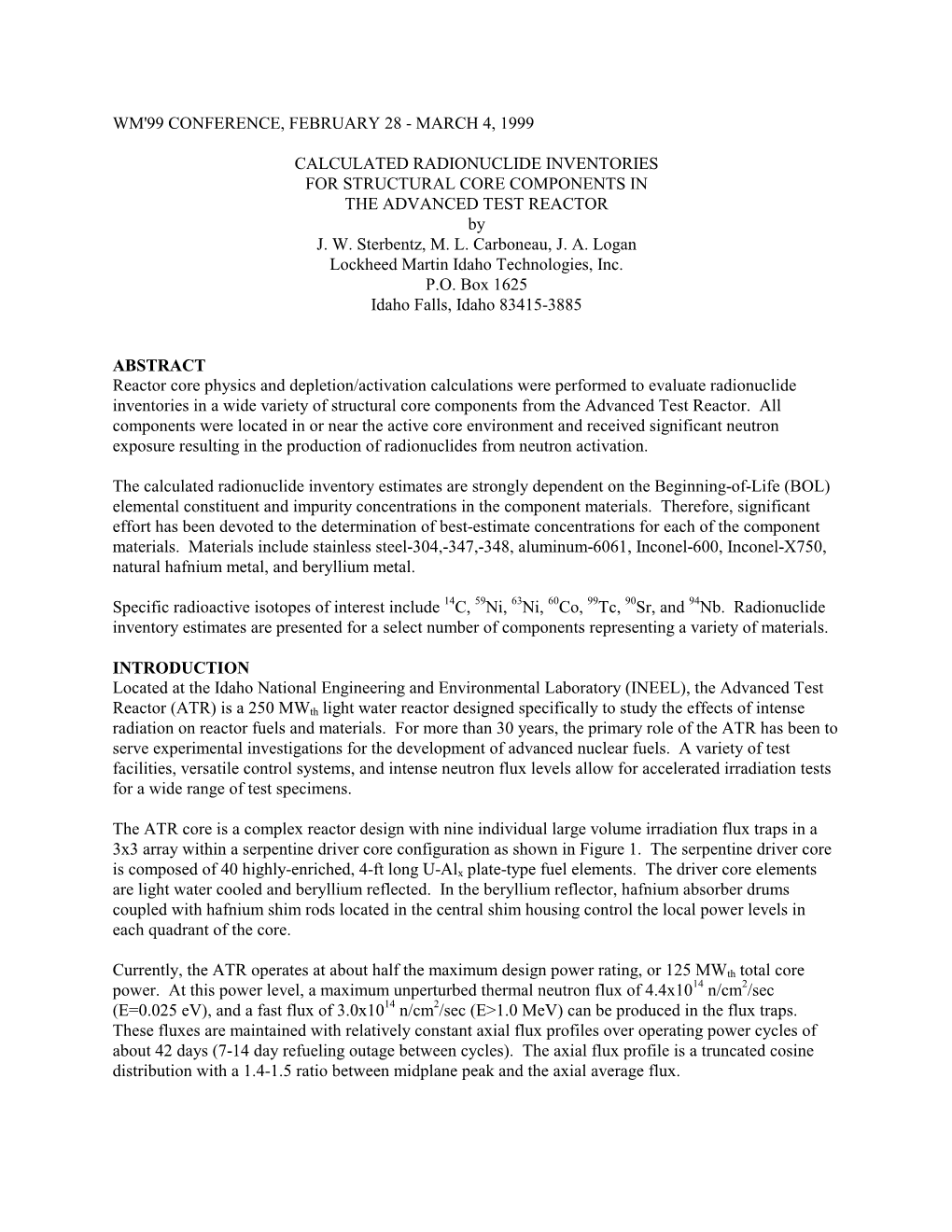 March 4, 1999 Calculated Radionuclide Inventories