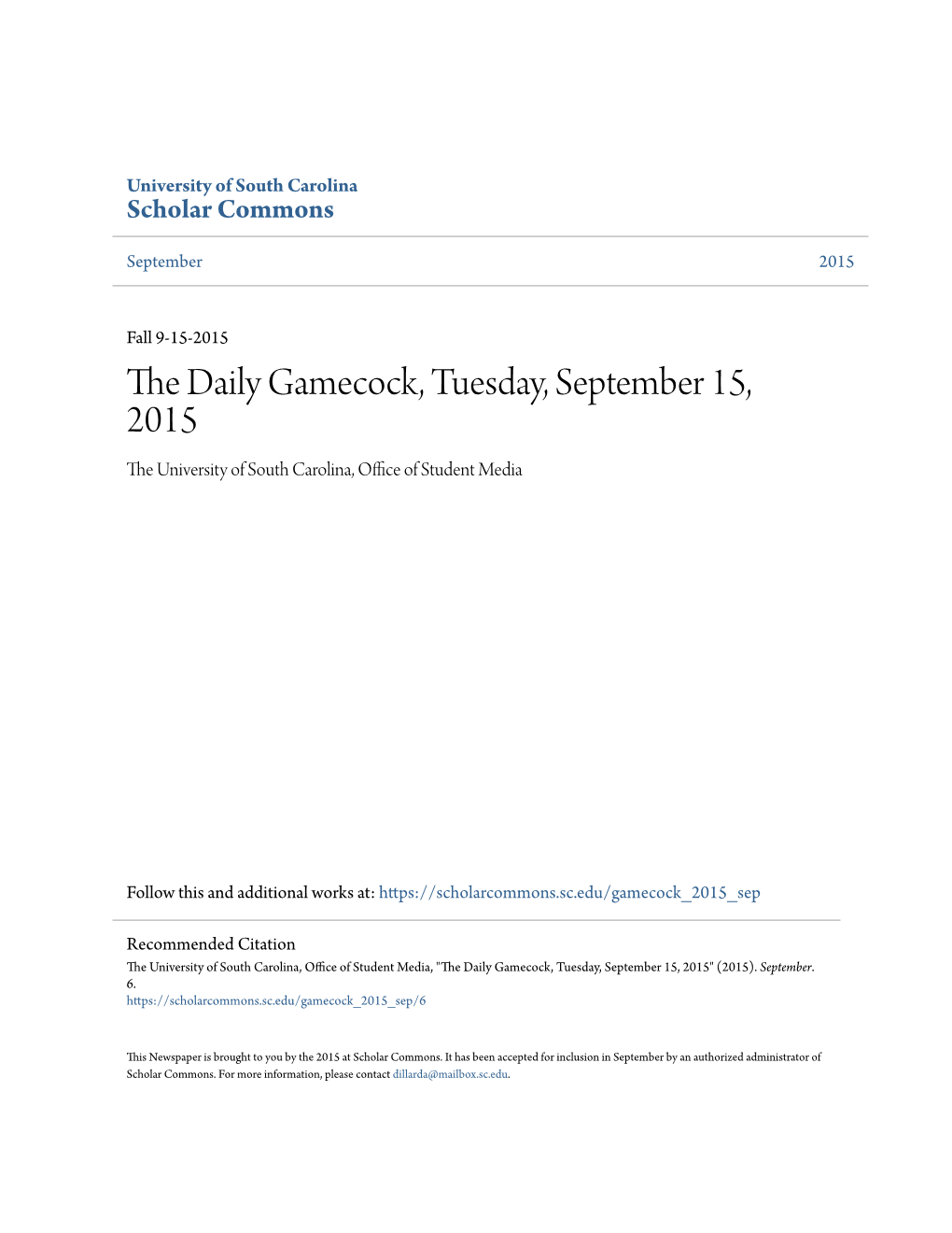 The Daily Gamecock, Tuesday, September 15, 2015