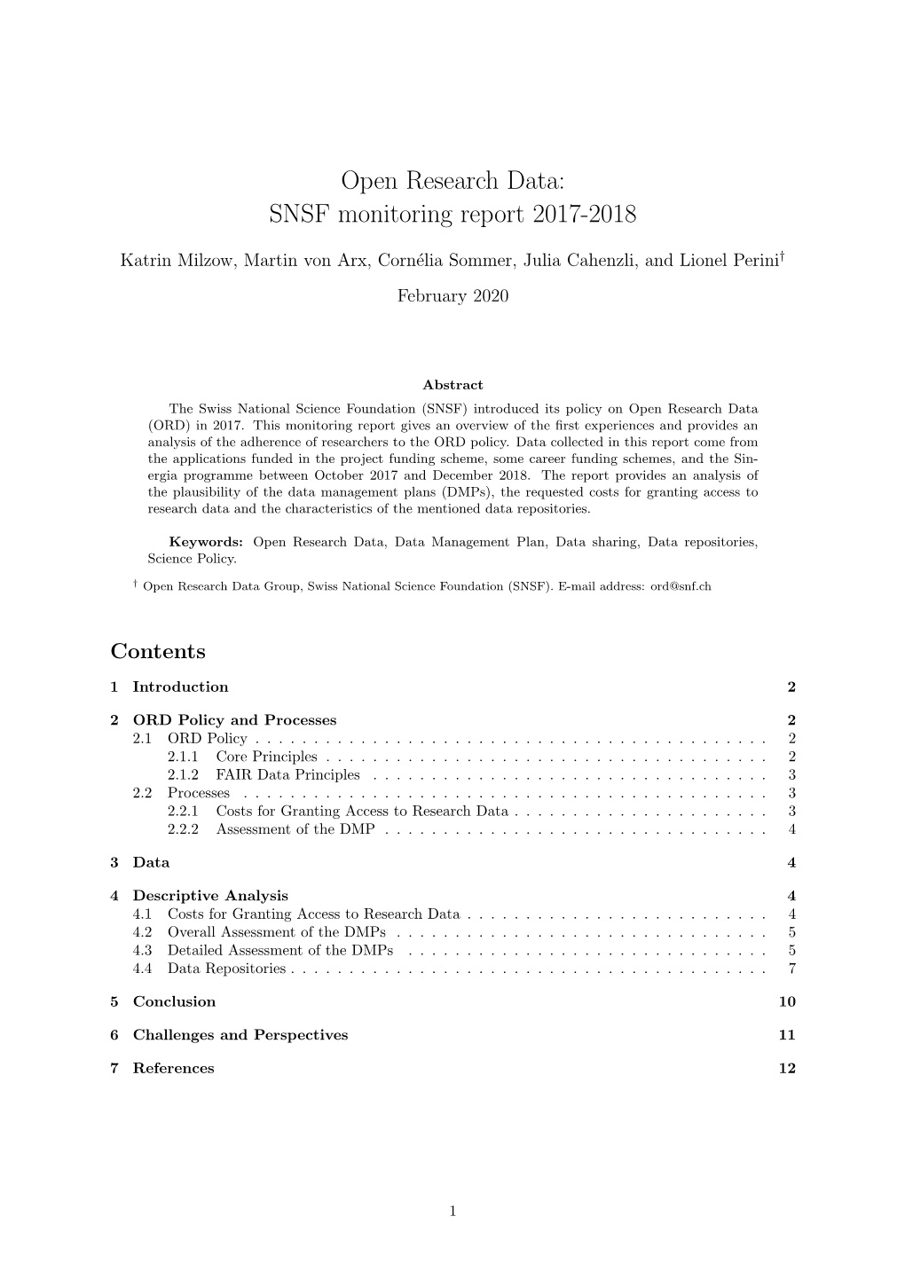 Open Research Data: SNSF Monitoring Report 2017-2018