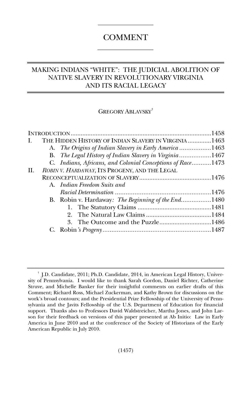 “White”: the Judicial Abolition of Native Slavery in Revolutionary Virginia and Its Racial Legacy