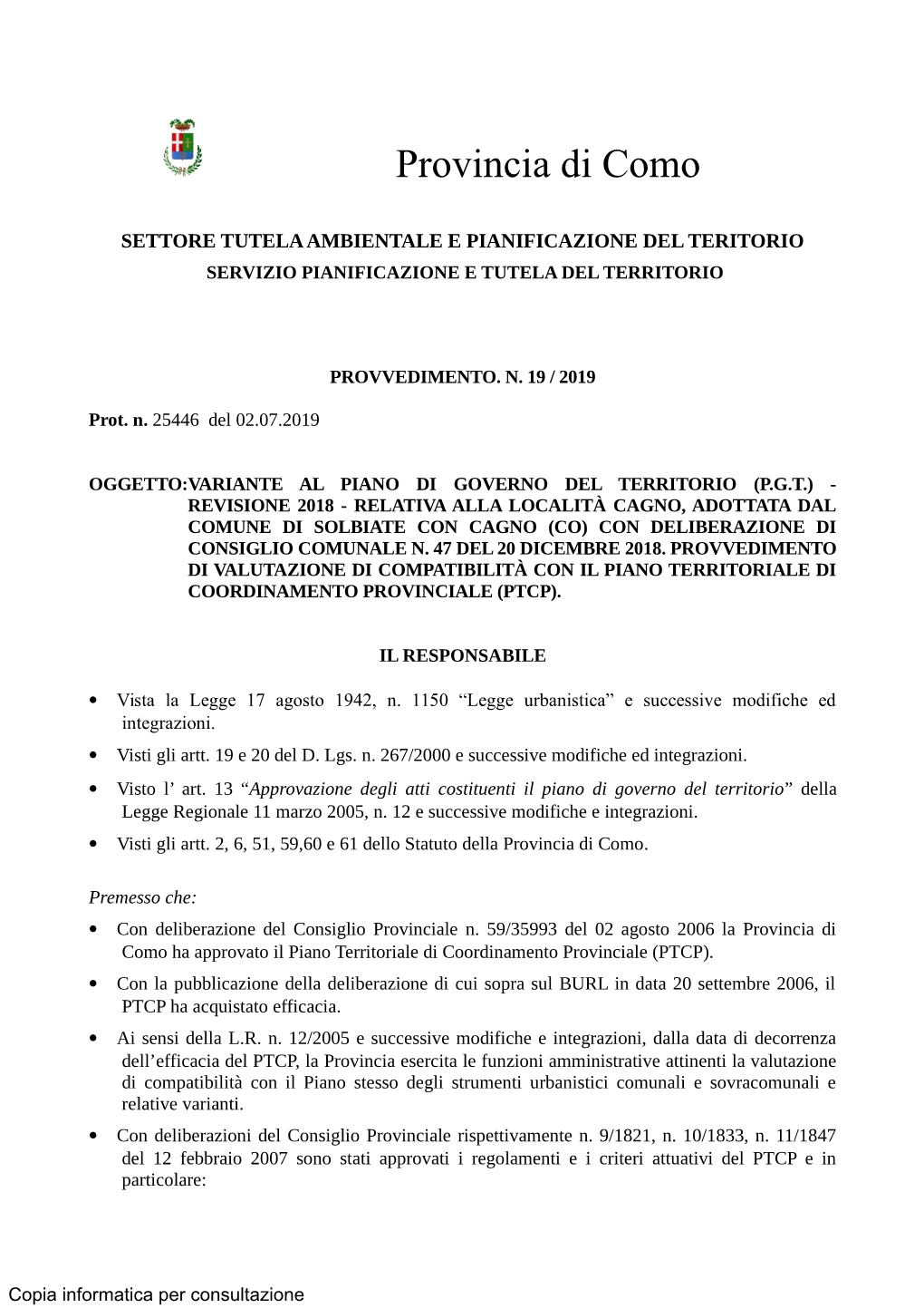 Provvedimento Di Valutazione Di Compatibilità Con Il PTCP N. 19 Del