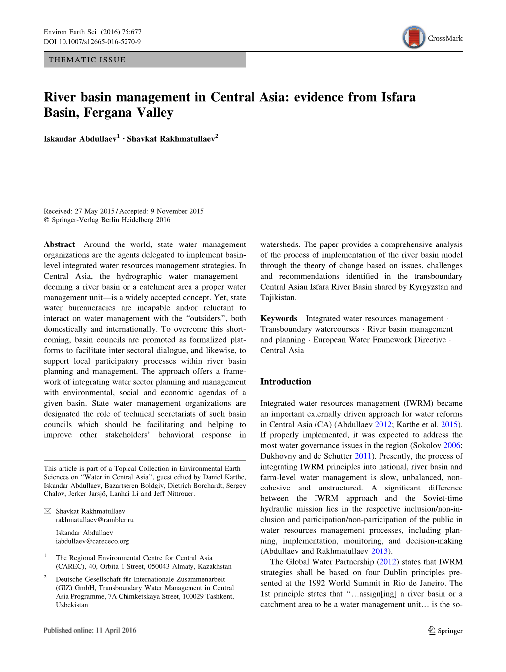 River Basin Management in Central Asia: Evidence from Isfara Basin, Fergana Valley