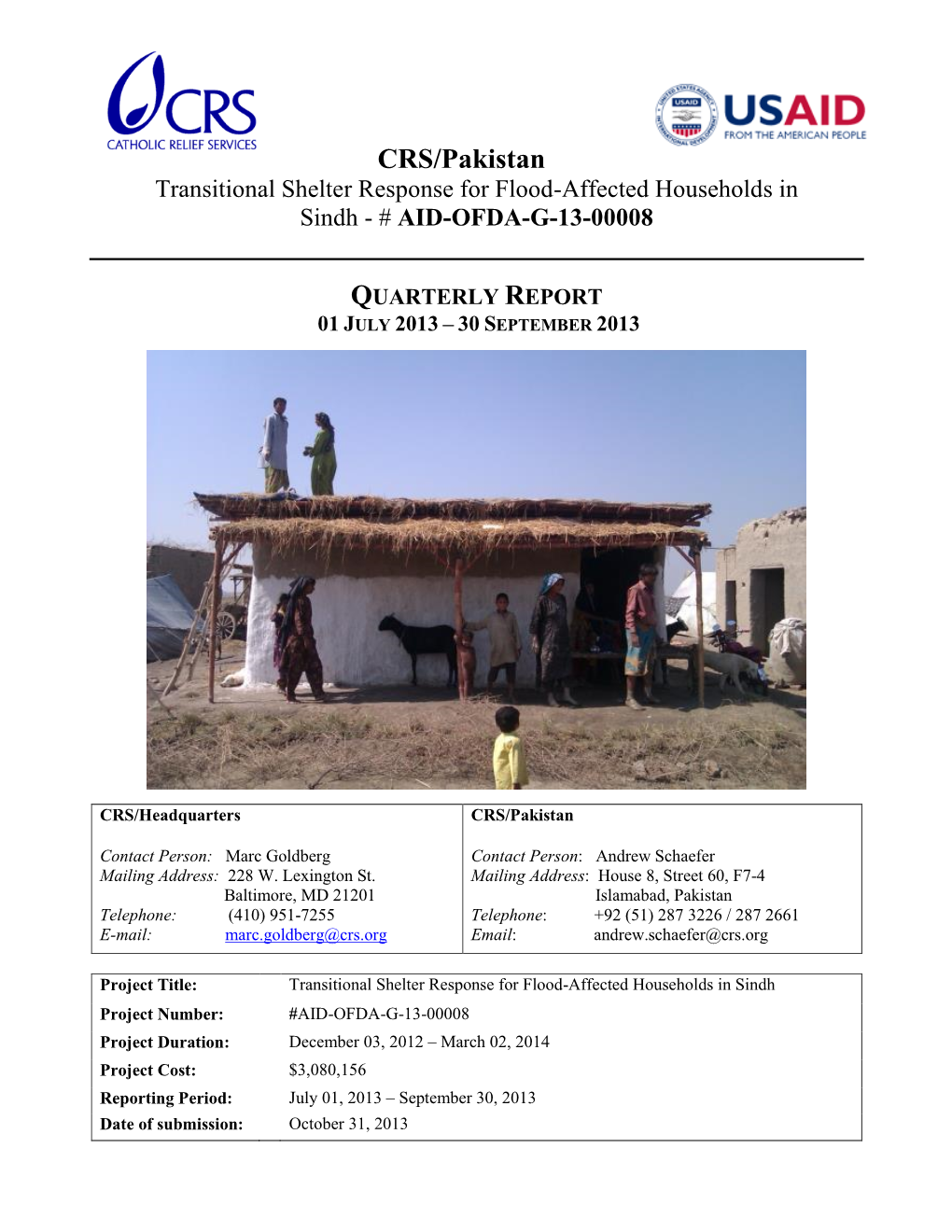 CRS/Pakistan Transitional Shelter Response for Flood-Affected Households in Sindh - # AID-OFDA-G-13-00008