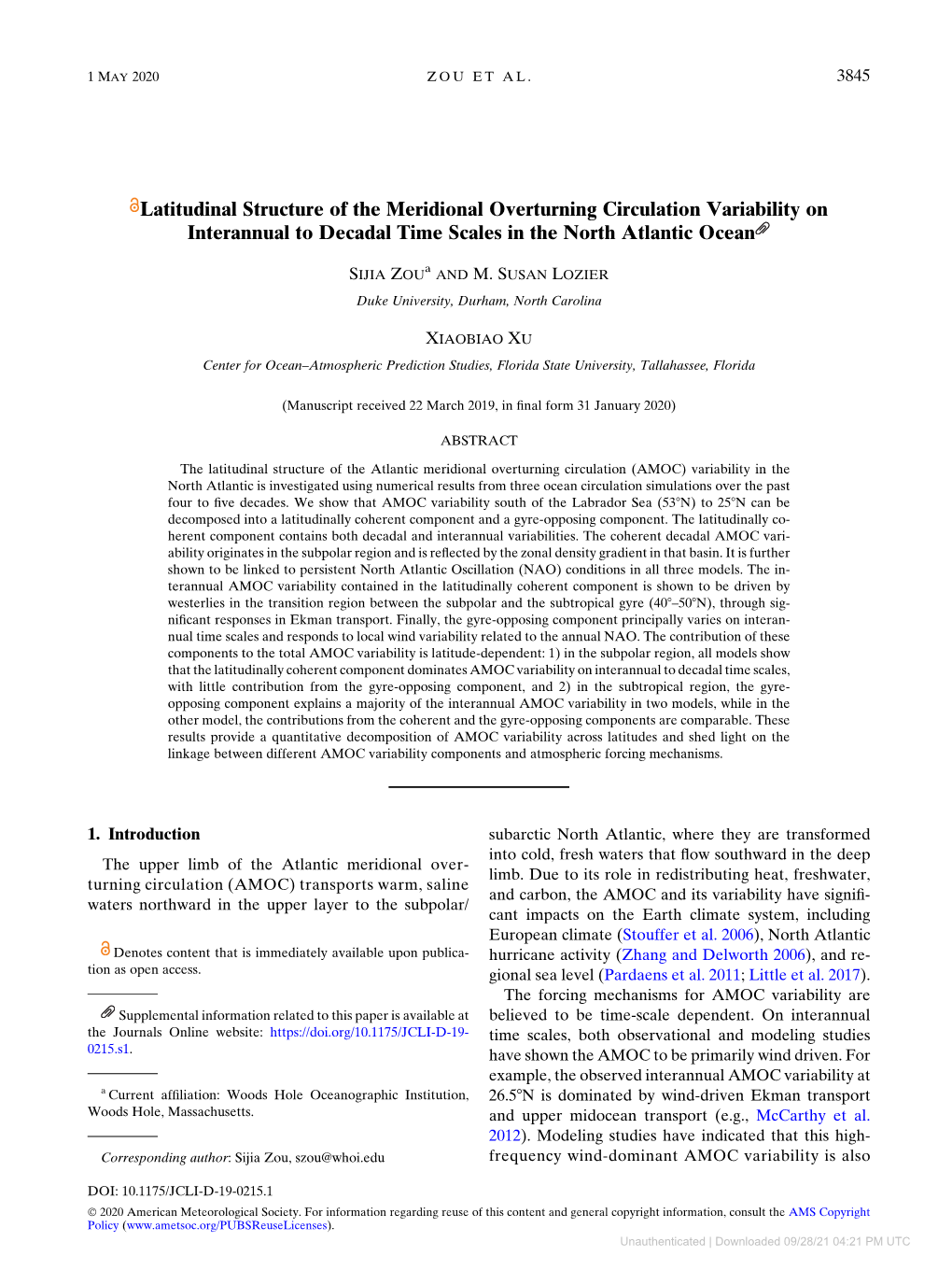 Latitudinal Structure of the Meridional Overturning Circulation Variability on Interannual to Decadal Time Scales in the North Atlantic Ocean