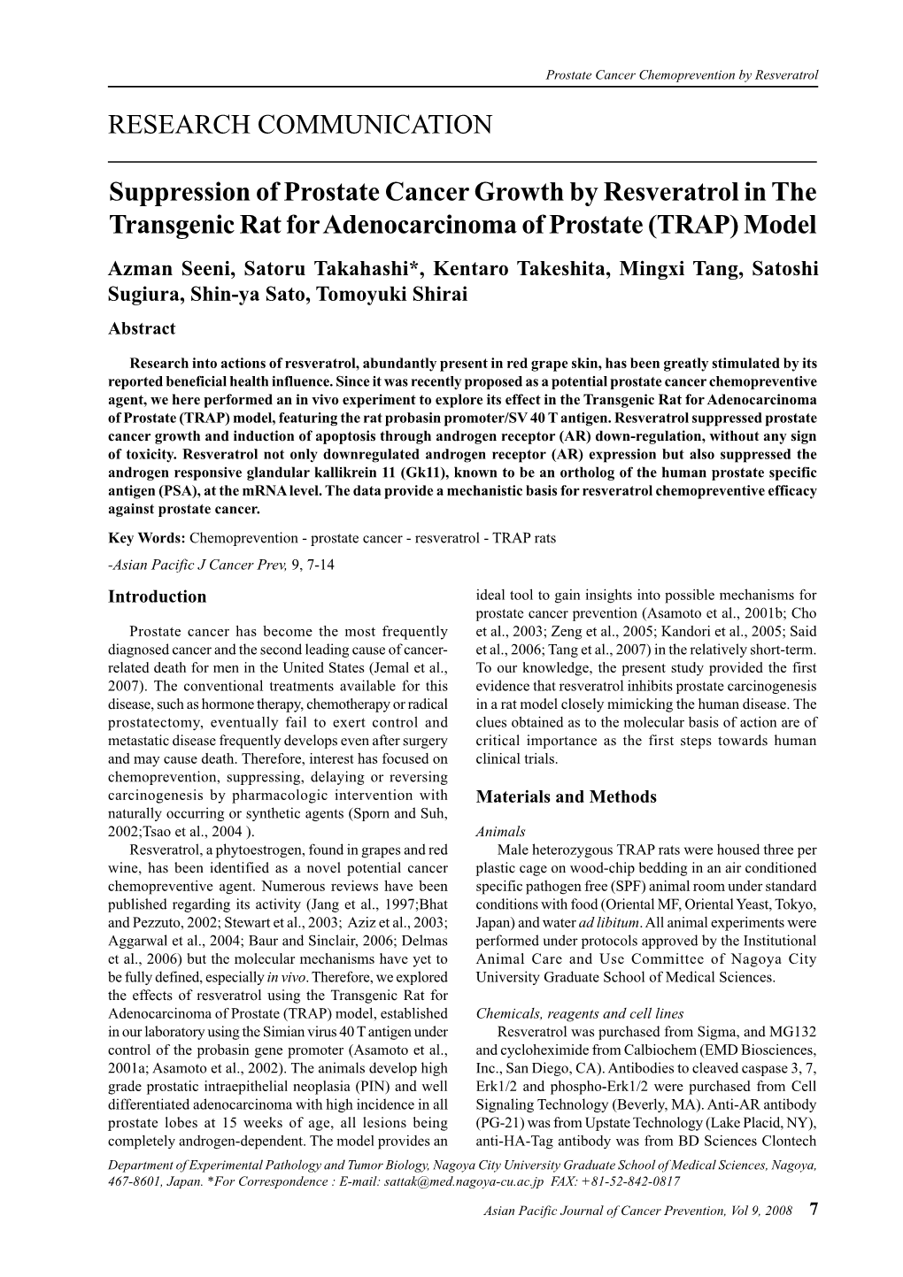 Suppression of Prostate Cancer Growth by Resveratrol in The