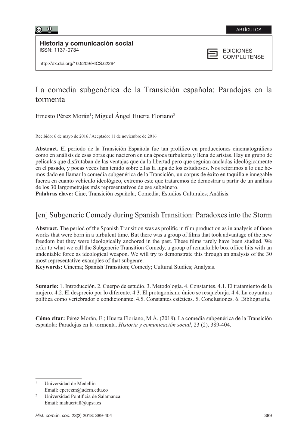 La Comedia Subgenérica De La Transición Española: Paradojas En La Tormenta