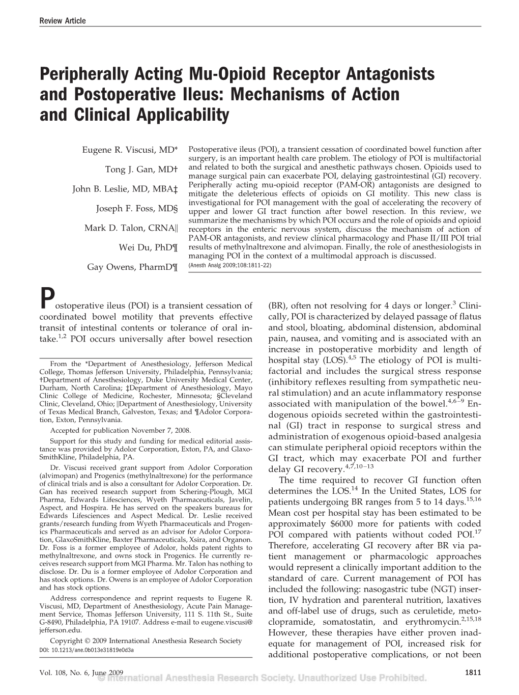 Peripherally Acting Mu-Opioid Receptor Antagonists and Postoperative Ileus: Mechanisms of Action and Clinical Applicability
