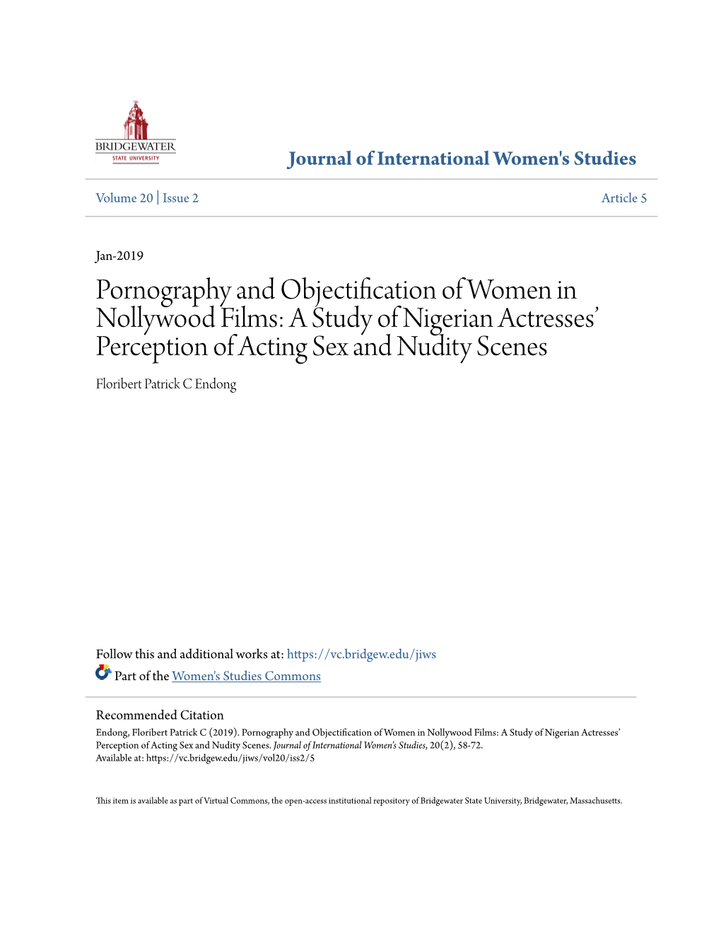 Pornography and Objectification of Women in Nollywood Films: a Study of Nigerian Actresses' Perception of Acting Sex and Nudit