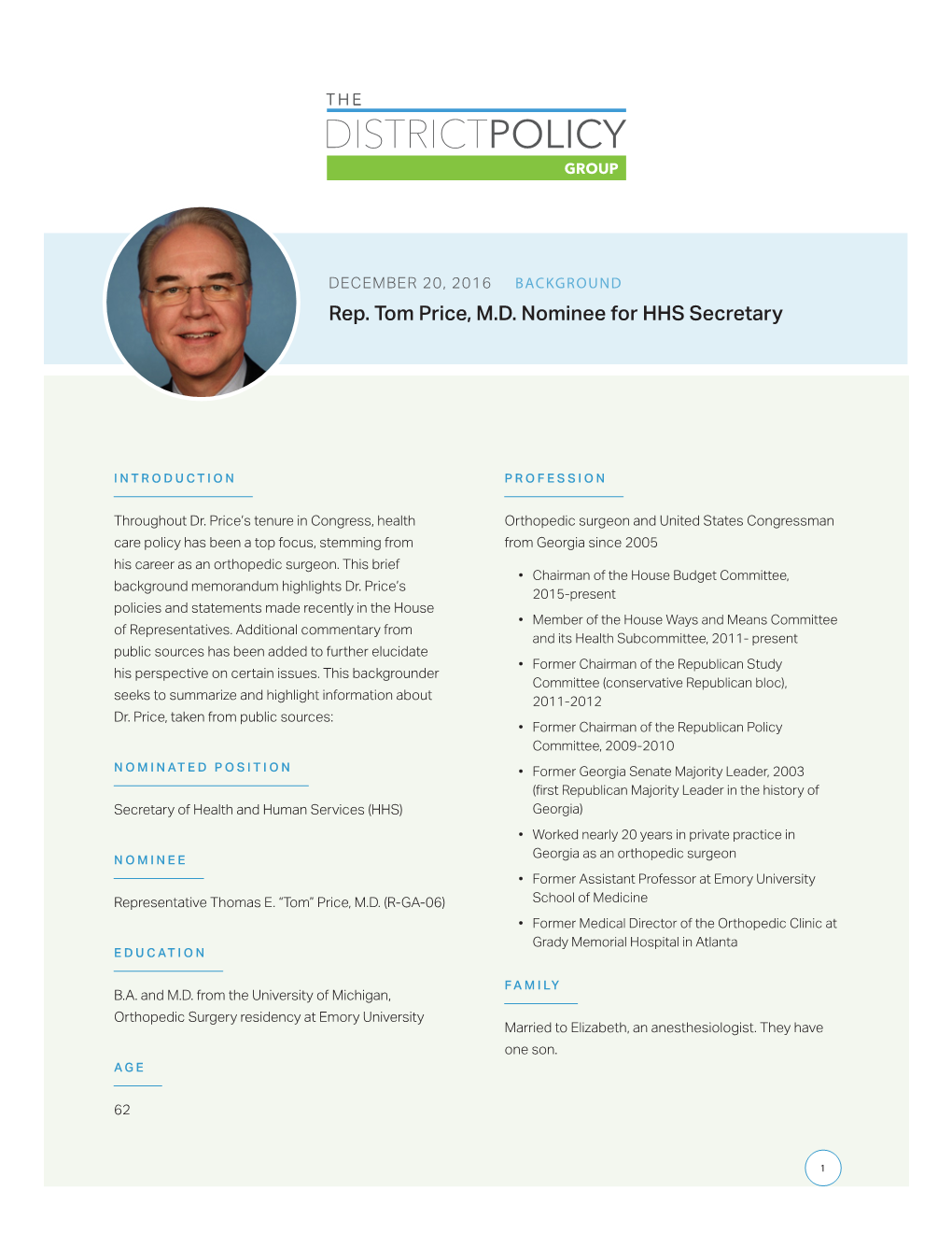 Rep. Tom Price, M.D. Nominee for HHS Secretary