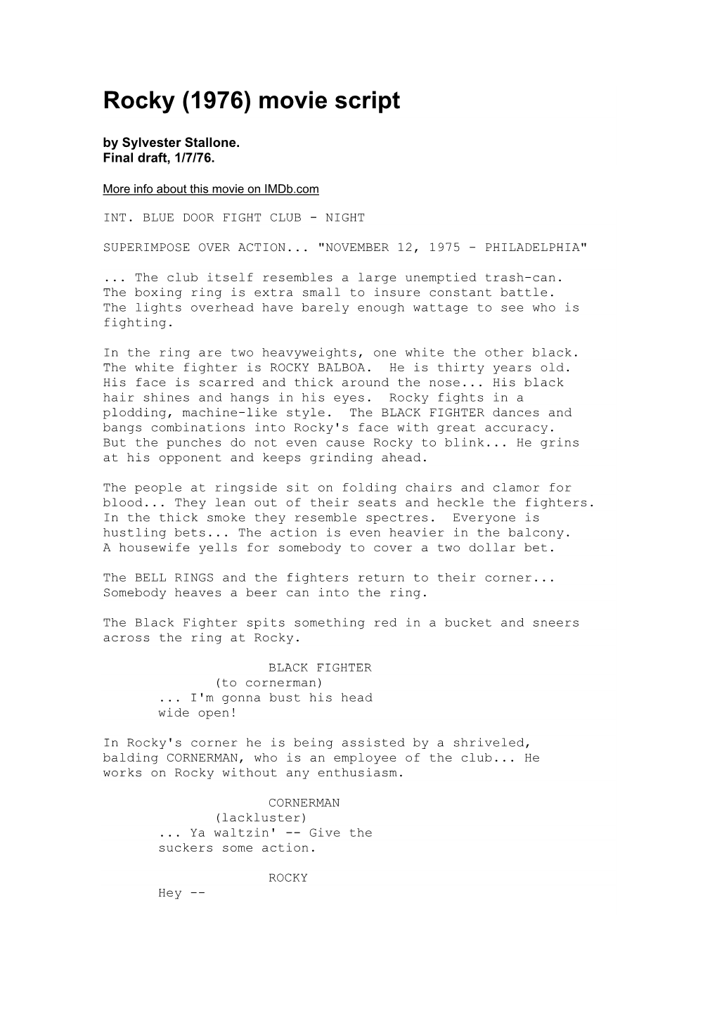 Rocky (1976) Movie Script by Sylvester Stallone