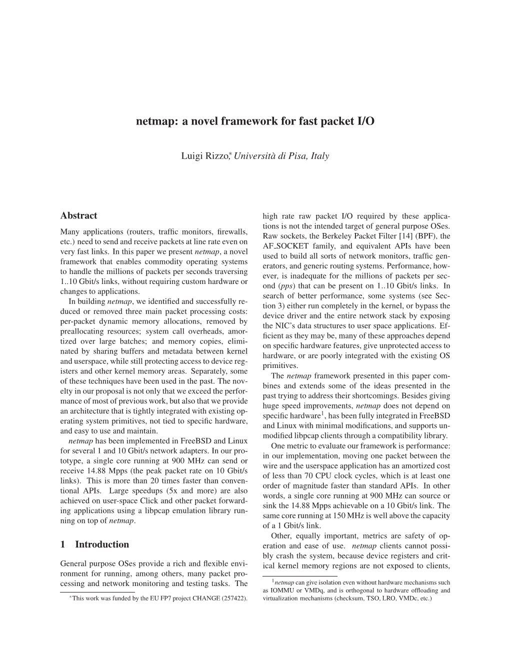 Netmap: a Novel Framework for Fast Packet I/O