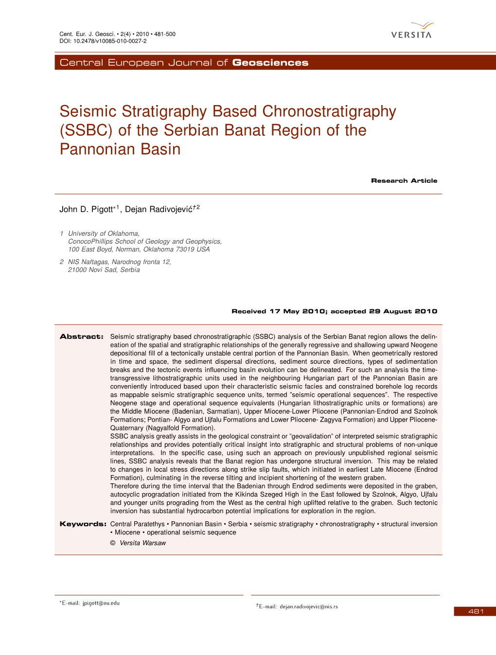 Seismic Stratigraphy Based Chronostratigraphy (SSBC) of the Serbian Banat Region of the Pannonian Basin