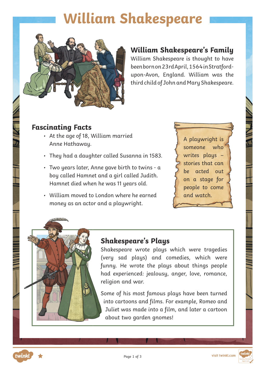 William Shakespeare Differentiated Reading Comprehension Activity