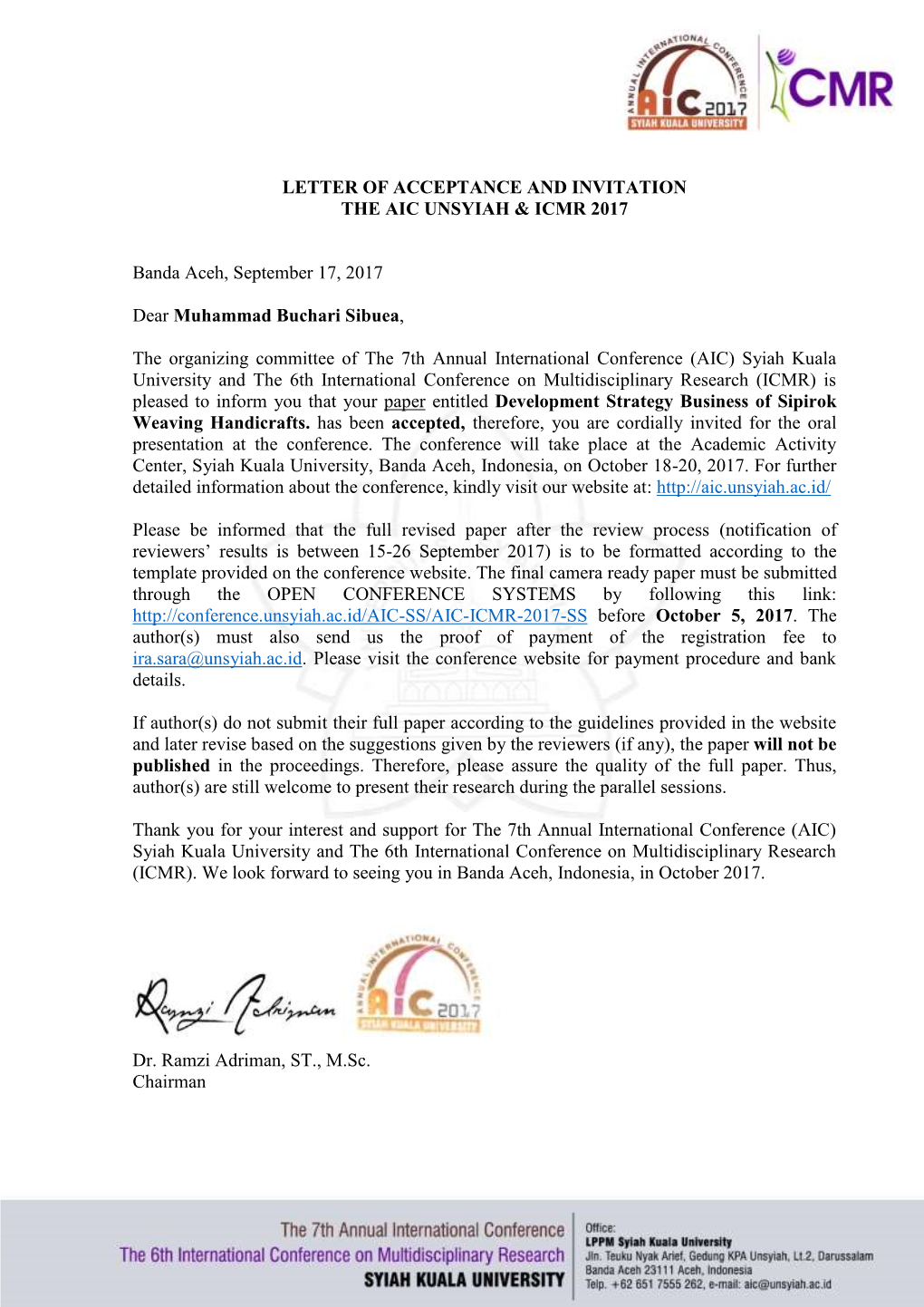 Letter of Acceptance and Invitation the Aic Unsyiah & Icmr 2017 - DocsLib