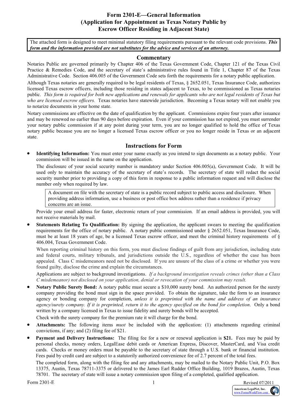 Form 2301-E—General Information (Application for Appointment As Texas Notary Public by Escrow Officer Residing in Adjacent State)