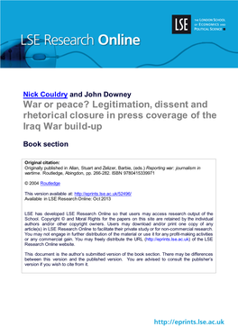 War Or Peace? Legitimation, Dissent and Rhetorical Closure in Press Coverage of the Iraq War Build-Up