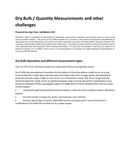 Dry Bulk / Quantity Measurements and Other Challenges
