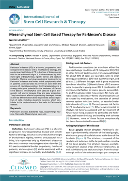 Mesenchymal Stem Cell Based Therapy for Parkinsonʼs Disease Neveen a Salem1,2*