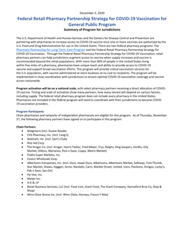 Federal Retail Pharmacy Partnership Strategy for COVID-19 Vaccination for General Public Program Summary of Program for Jurisdictions