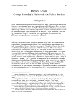 Review Article George Berkeley's Philosophy in Polish Studies