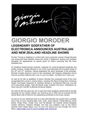 Giorgio Moroder Legendary Godfather of Electronica Announces Australian and New Zealand Headline Shows