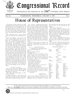 Congressional Record United States Th of America PROCEEDINGS and DEBATES of the 104 CONGRESS, FIRST SESSION