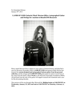 LAMB of GOD Guitarist Mark Morton Offers Autographed Guitar and Strings for Auction to Benefit DM Research