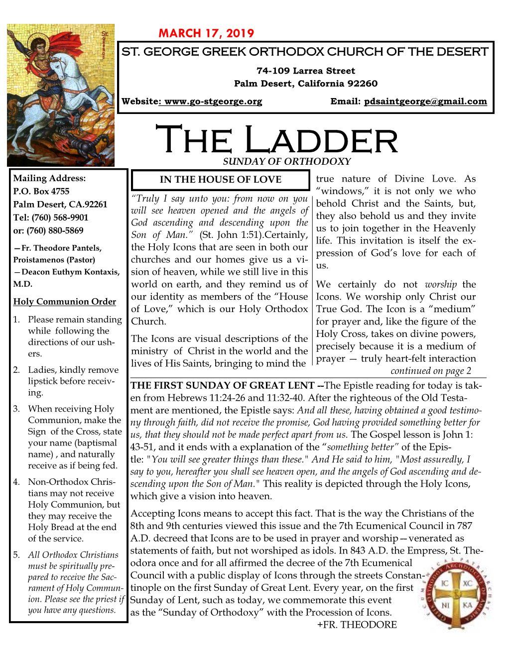The Ladder SUNDAY of ORTHODOXY Mailing Address: in the HOUSE of LOVE True Nature of Divine Love