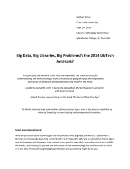 Big Data, Big Libraries, Big Problems?: the 2014 Libtech Anti-Talk?