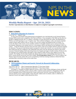 Weekly Media Report – Apr. 20-26, 2021 Further Reproduction Or Distribution Is Subject to Original Copyright Restrictions